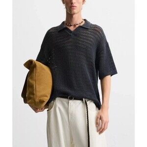 ZARA Man Knit Polo Shirt With Openwork Stitch - Navy Blue - Large Lagenlook Boho